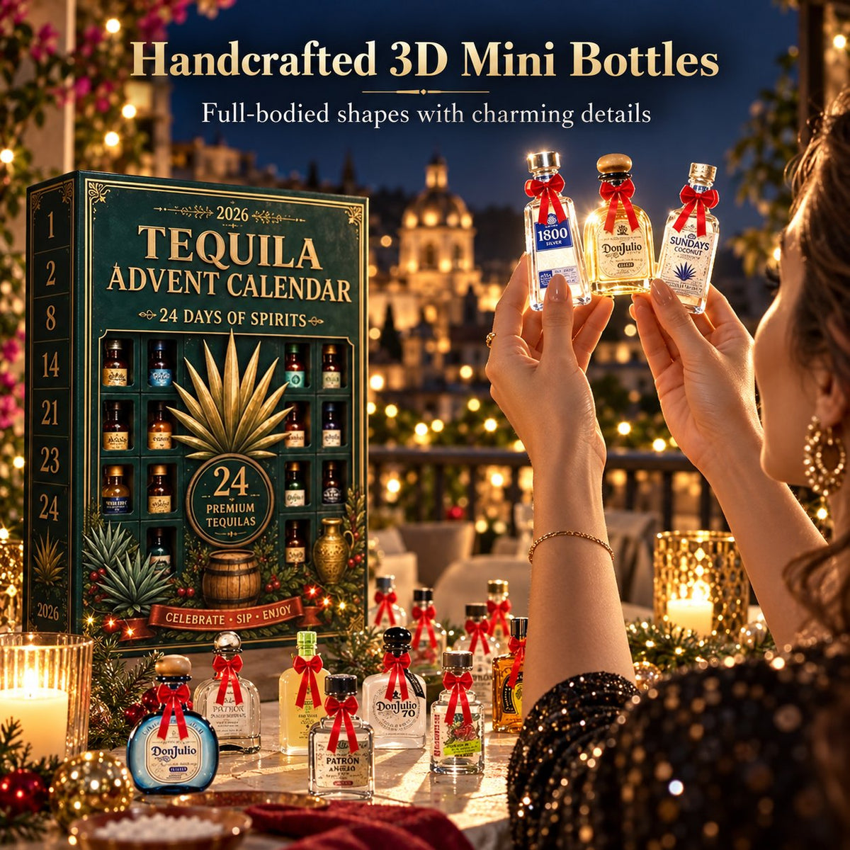 🎁24‑Day Mini Tequila Bottle Advent Box🥃, Holiday Countdown Bar & Tabletop Decor🎅