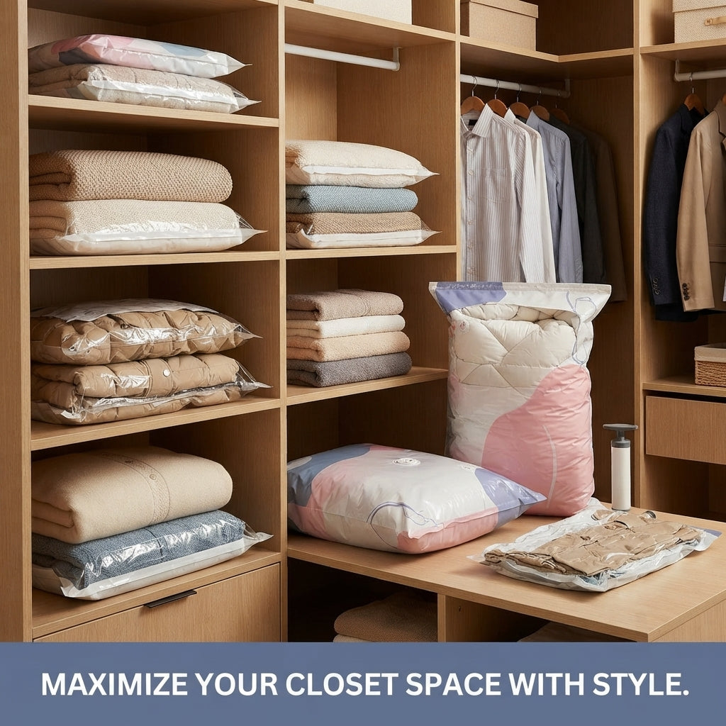No‑Pump Vacuum Storage Bags – Press & seal, no pump needed. Saves 80% space, keeps clothes dry & dust‑free. Perfect for bulky bedding & off‑season gear. 🛏️🗄️