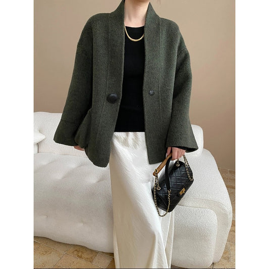 Elegant Double Pocket Design V-Neck Loose Woolen Coat
